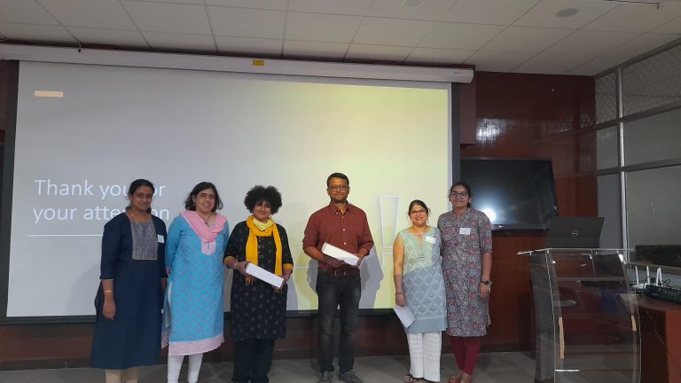 From left to right: Ms. Ramya Mohan and Prof. Namrata Gundiah (ORG, IISc) Prof Dipshikha Chakravortty (MCBL, IISc), Prof Ambarish Ghosh (CENSE, IISc), Dr. Chandrima Home and  
      Ms. Bhavya from ORG, IISc.