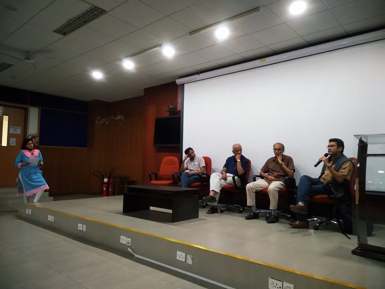 A panel discussion on What Makes a Good Grant? 
(From left to right): Prof Neelesh B Mehta (ECE, IISc), Prof Jaywant Arakeri (ME, IISc), Prof Raghavan Varadarajan (MBU, IISc) and Dr Taslimarif Saiyed (CEO, CCAMP)